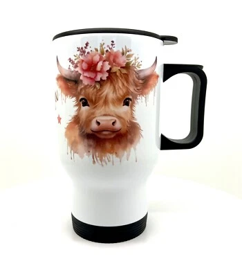 Travel Cup 14oz Personalised Aluminium Highland Cow Water Drinks Sports Bottle - Image 1 of 4