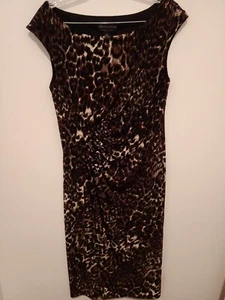 Connected Apparel Dress Sz 10 Brown Ivory Animal Cheetah Ruched Waist F12 - Picture 1 of 5