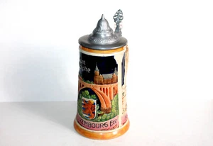 RARE GRAND CHOPE BIERE ALLEMANDE GRES EMAILLÉ LUXEMBOURG PONT ADOLPHE NOTRE DAME - Picture 1 of 8
