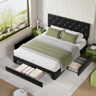 Twin Full Queen Size Bed Frame w/Storage Drawers Leather Upholstered Headboard - Image 1 of 4
