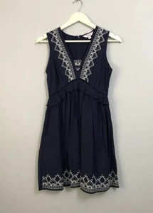 NEW Navy Blue White Embroidered Ruffle Cotton Summer Dress Petite Size 8 10 BNWT - Picture 1 of 12