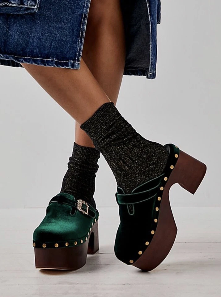 Сабо Free People Zigi Rosalinda Macarena зеленые бархатные со стразами ретро размер 7 новые - Изображение 1 из 4