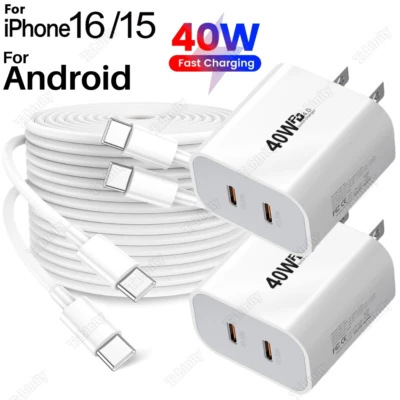 40W Dual USB-C Fast Charger Block Type-C Cable For iPhone 16 15 iPad Pro Android - Image 1 of 4