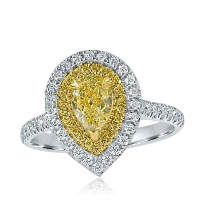 GIA Art Deco Design Pear 1.28 TCW Light Yellow Diamond Ring 18k White Gold - Image 1 of 4