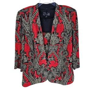 Alex Evenings Red & Black Paisley Jacket & Shell Set 2X Gold Shimmer Holiday - Picture 1 of 12