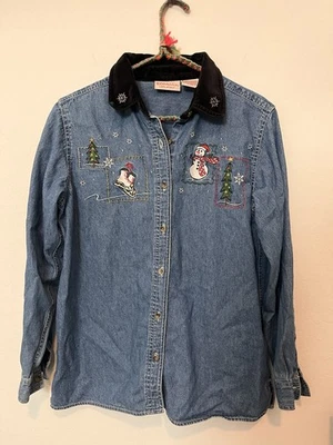 Vintage Basic Editions Holiday Christmas Winter Denim Button Up Top Small - Image 1 of 4