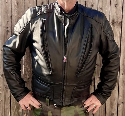 Mens First Gear Black Leather Vented Motorcycle Jacket By Hein Gericke - Image 1 of 4