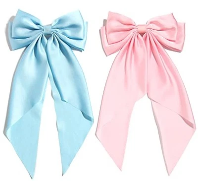  Hair Clip, Pink and Blue Big Satin Bow for Women and Girls, Double Blue Pink - Image 1 of 4