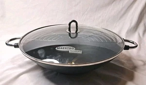 Bodum Maestro 14" Flachboden Gusseisen Wok Rühren Braten Kochen Pfanne mit Glasdeckel - Bild 1 von 10