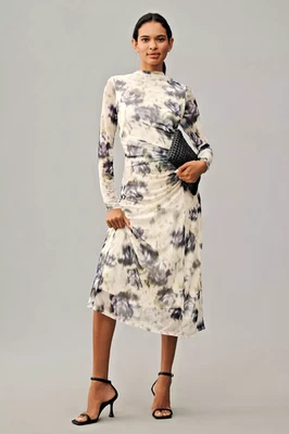 NWT Anthropologie Sarah Hann Iris SOFT MESH RUCHED FLORAL MIDI DRESS WHITE XL - Image 1 of 4