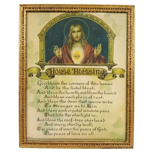 Arte de pared enmarcado de bendición de casa cristiana de colección filigrana dorada Jesús Sagrado Corazón - Imagen 1 de 7