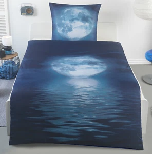 4-tlg Mikrofaser Premium Bettwäsche 135x200 Fotodruck Mond Blau - Bild 1 von 1