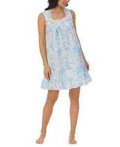 Neu $ 70 Eileen West weiß/blau Rosen GEWEBTE BAUMWOLLE RASEN gerüschter Saum Nachthemd L - Bild 1 von 6