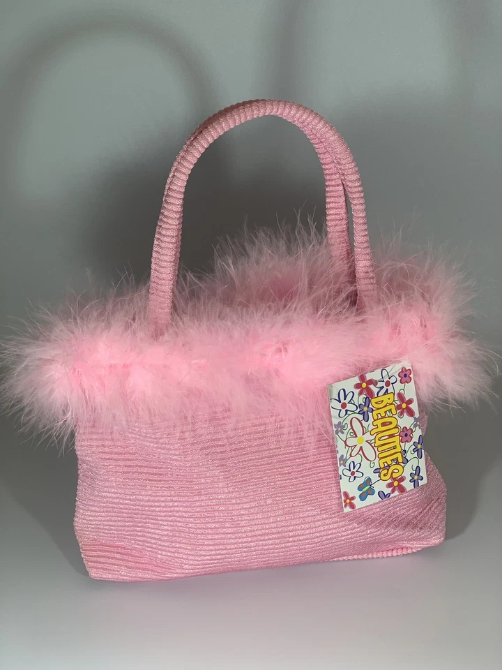NWT HTF Girls Pink Marabou Trim Ribbed Fabric Purse.Easter/ Easter Basket/Favor - Image 1 of 1