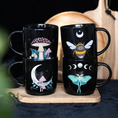 SOMETHING DIFFERENT Set 4 Boxed Dark Forest Mugs Luna Moth Bee Mushroom Moon Ceramic Gift Mug