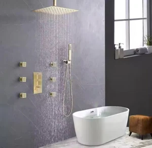 Gold Bathroom 16''Thermostatic Shower Head Mixer Brass Body & Massage Spray Jets - Picture 1 of 4