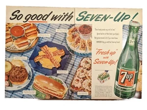 1955 7up Soda Print Ad, Backyard BBQ, Hotdogs, Hamburgers Salads - Picture 1 of 1