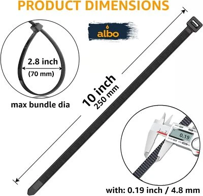 ALBO Zip Ties Black 10 Inch 100 Pack 50 Lb Long Plastic Cable Ties Thick 0.19 Inch Ti