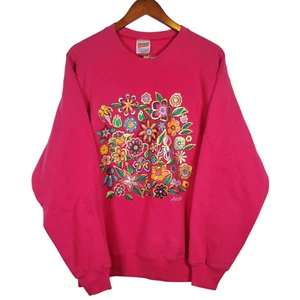 VTG Arizona Floral Sweatshirt Size L Hanes Hot Pink Metallic Gold Destination - Picture 1 of 5