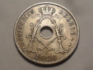 1928 NICE BELGIUM COPPER NICKEL 25 CENTIMES HK#69 LOW MINTAGE 9,200,000! - Picture 1 of 2