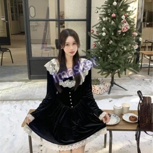 Ladies Girls Velour Short Dress Lace Trim Lolita Evening Party Banquet Princess - Picture 1 of 28
