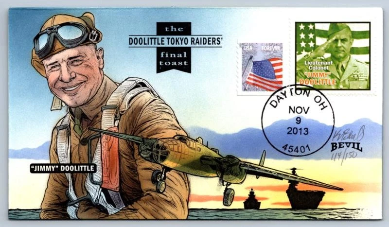 US FDC 2013 BEVIL HANDPAINTED DOOLITTLE WWII COVER - Image 1 of 1