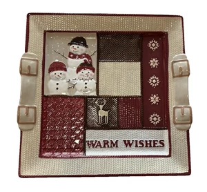 St. Nicholas Square WARM WISHES 15" Square Platter Snowman Family Knit Look - Picture 1 of 17