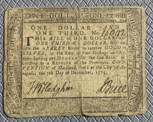 1775 $1/3 Annapolis Maryland MD Colonial Currency Bank Note Bill! RARE ISSUE! - Picture 1 of 2