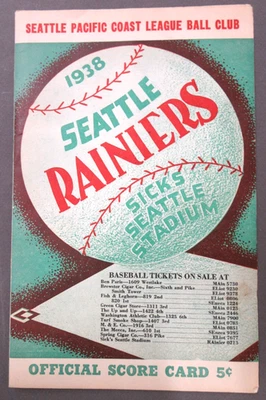 1938 SEATTLE RAINIERS v Hollywood SCORECARD & clipping FRED HUCHINSON baseball - Image 1 of 4
