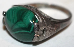 Anello solitario vintage COLETTE ovale verde malachite argento sterling 925 6,75 gioielli - Foto 1 di 11