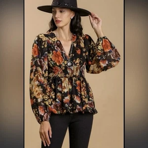 Blusa Umgee Floral Oscura M Manga Larga Forrada Negra Calada Fluida Boho Cottage - Imagen 1 de 16