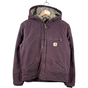 Vintage Carhartt Sherpa Lined Full Zip Hooded Workwear Jacket Maroon Mens Small - Picture 1 of 7