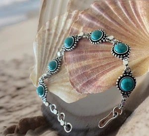 Turquoise Gemstone bracelet 20.5cm Long - 925 Silver Plated-New - Picture 1 of 5