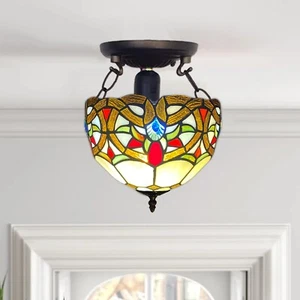 Tiffany Ceiling Lamp 10 inch Stained Glass Shade Handcrafted Art Antique Style - Picture 1 of 18