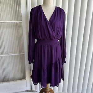 DKNY Donna Kay Dress Womens 12 Purple V-neck Long Sleeve Midi Sheer Lined New - Picture 1 of 11