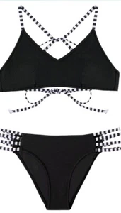 Cupshe Sexy Black & White Stripe Bikini Open Side Bottom Tie Back Top NWT Small - Picture 1 of 8