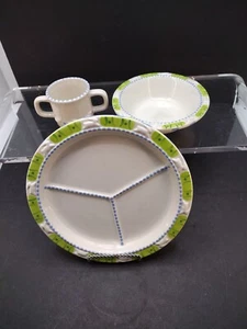 Vtg M. Bagwell Ceramic Rabbits & Blue Dots Childs Divided plate Cup & Bowl - Picture 1 of 9