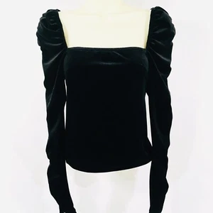 NWT Chelsea & Violet Sz XS Black Velvet Top Square Neckline Long Ruched Sleeves - Picture 1 of 7
