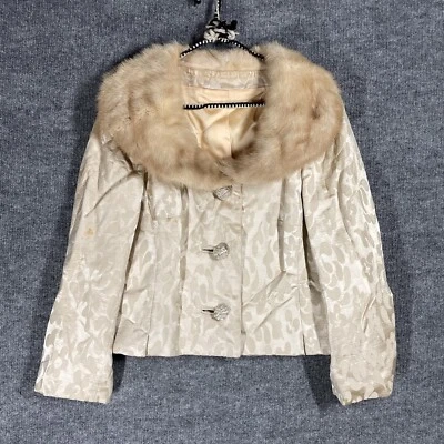 VINTAGE 40s 50s Blums Vogue Chicago Branell Jacquard Silk Fur Collar Jacket Coat - Image 1 of 4