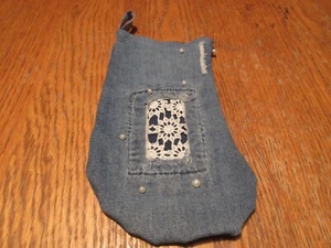 Handcrafted Denim Christmas Stocking w lace and pearl applique - Picture 1 of 3