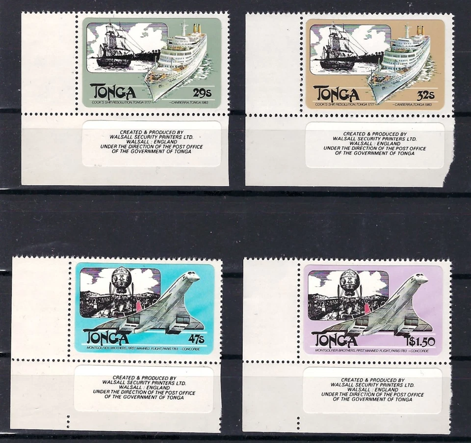 Tonga 1983 - Sea and Air Transport Corner Set of 4 Self Adhesives with Tabs  MNH - Image 1 of 1