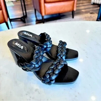 Mia Braided Black Block Hee lTesi Sandal Chunky Vegan Leather Double Straps - Image 1 of 4