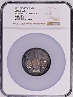 1963 Mexico Silver Medal Recovery of Chamizal - Grove-828a - NGC MS61 PL - Image 1 of 2