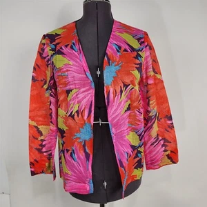 Vintage Bright Colorful Floral Open Front Lightweight Cotton Jacket Groovy - Picture 1 of 5