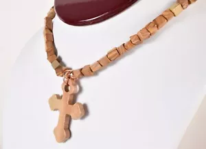17" Vtg Genuine Sandstone Jasper Bead & Copper Religious Cross Pendant Necklace - Picture 1 of 10
