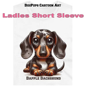 DigiPups Dachshund Dapple Color Dog Laying Pose Cartoon Ladies T Shirt - Picture 1 of 4