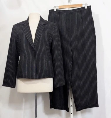 Pantalones Traje Chaqueta Vintage Años 90 Negro Blanco Rayas Lino 14 Petite Misses 16 Foto 1 de 4