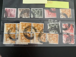 GB QE2 To Pay, 1982. Used Handstamped, inc £5 blocks of 4 - Picture 1 of 2