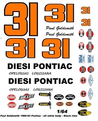 Calcomanías de tobogán acuático Nascar #31 Paul Goldsmith DIESI Pontiac escala 1960-631/64 Foto 1 de 2