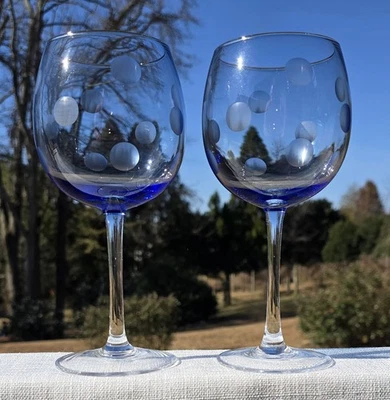 2 copas de vino con globo corte de cristal azul lunares 8,75" grandes 20 OZ copas usadas en excelente estado Foto 1 de 4